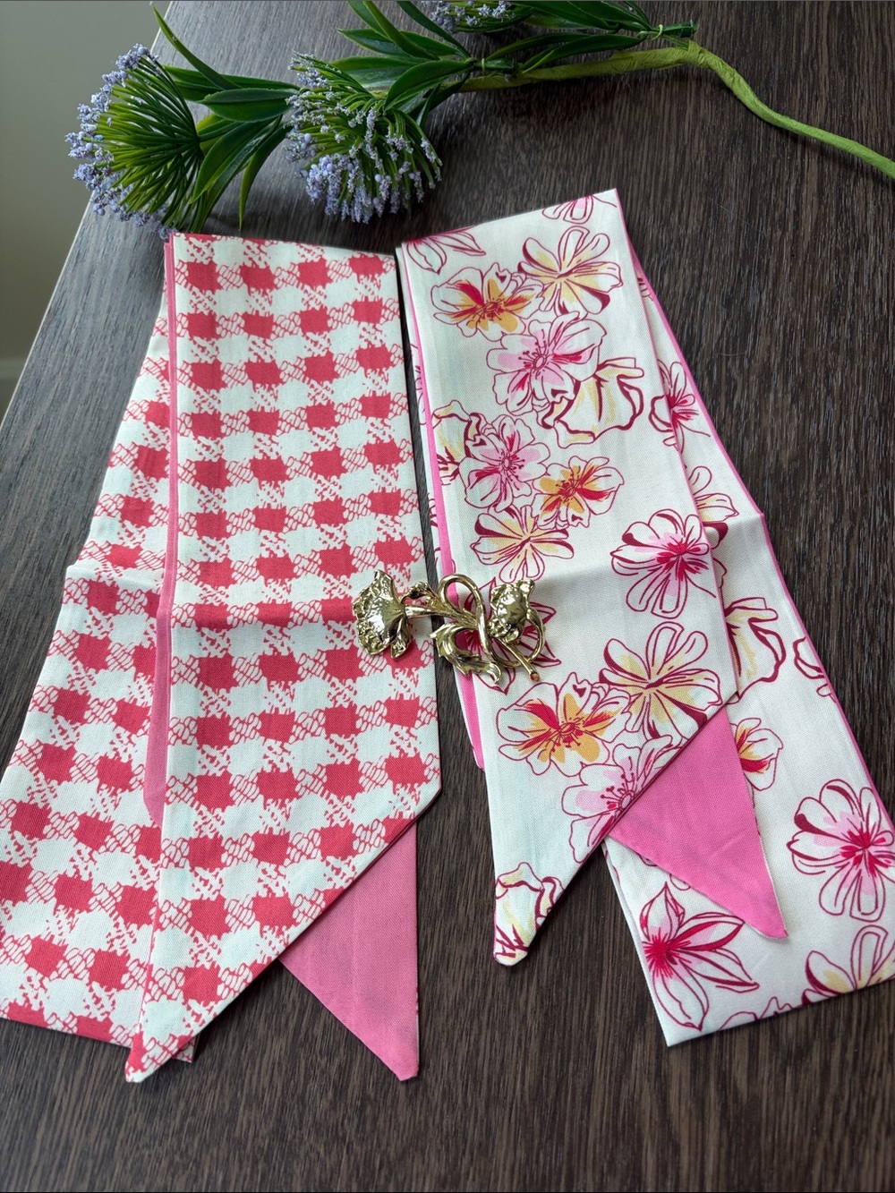 Pink Floral and Pink Check Scarf Set with Gold Flower Brooch